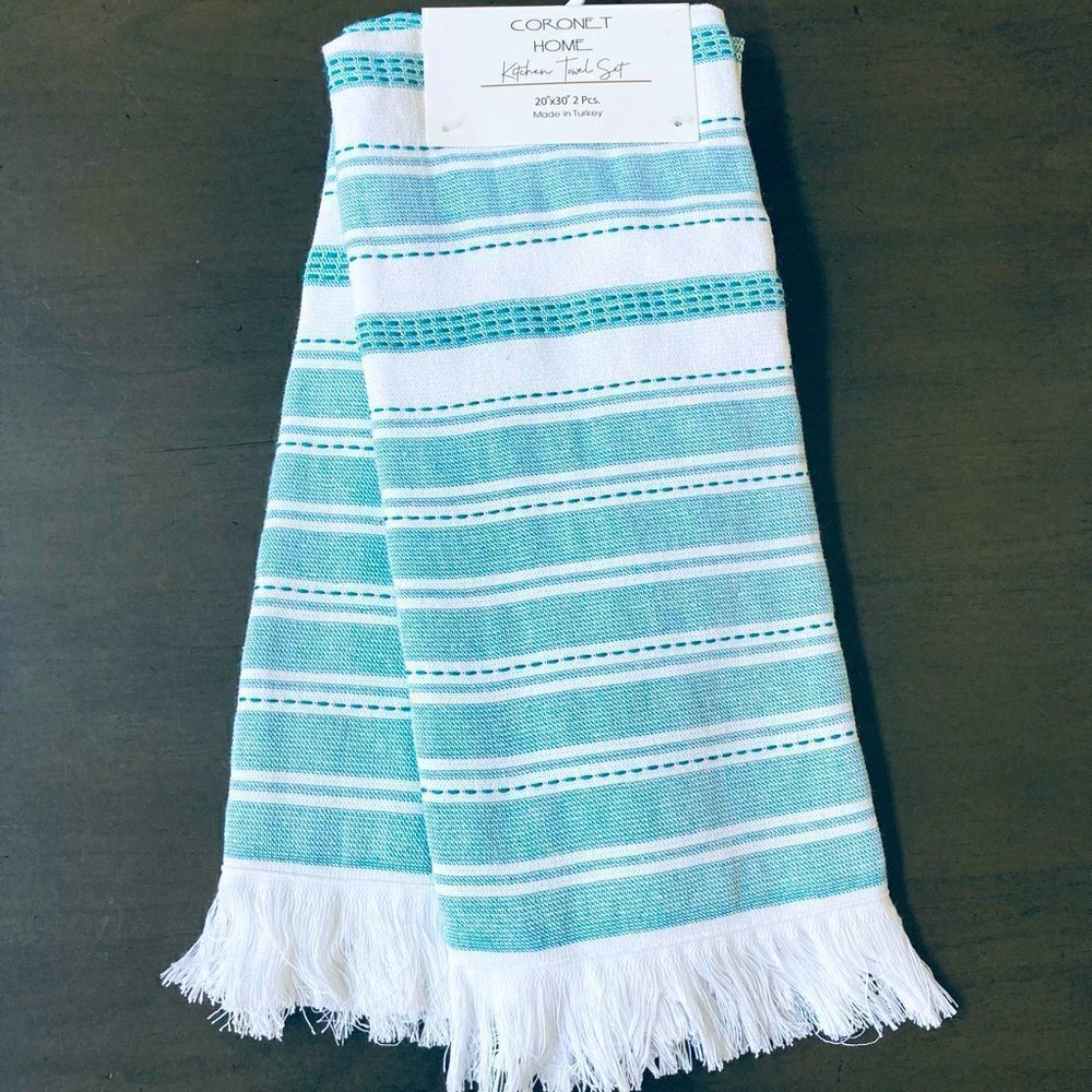Turkish Dish Towels Farmhouse Coastal Teal Stripe Kitchen Linens Set